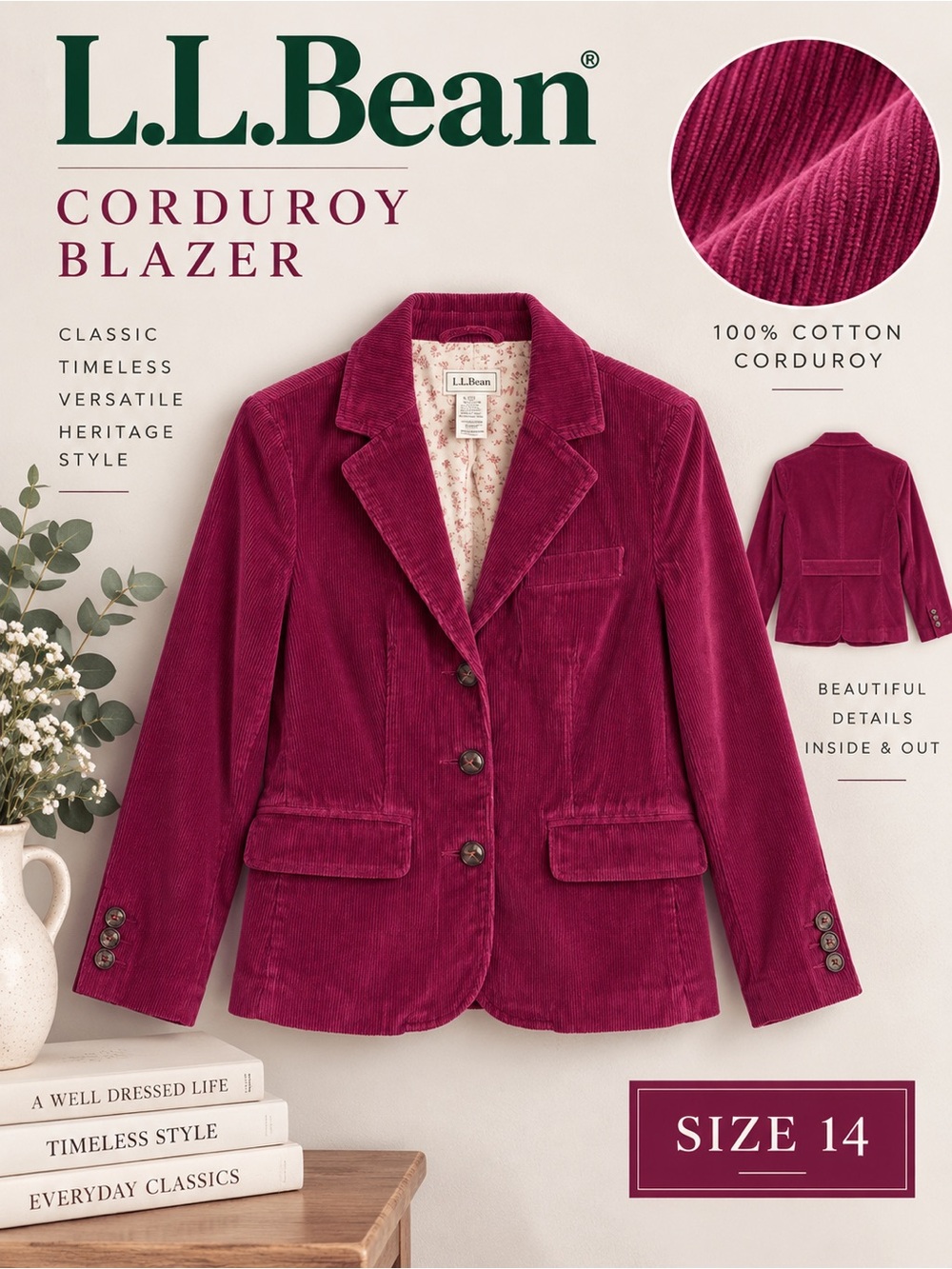 L.L.Bean Corduroy Blazer Jacket Size 14 Petite Berry Wine Cotton Cottagecore